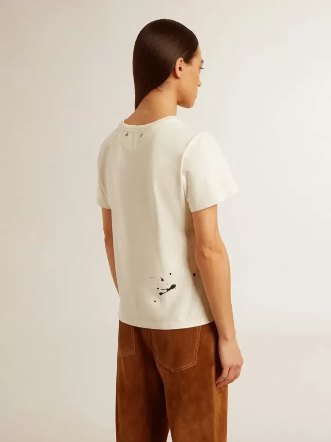 Tricou alb pentru femei, din bumbac, cu imprimeu și broderie Tricou alb pentru femei, din bumbac, cu imprimeu și broderie