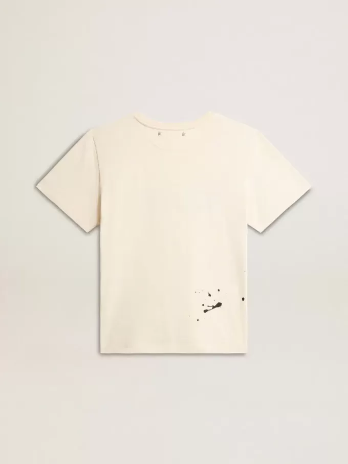 Tricou alb pentru femei, din bumbac, cu imprimeu și broderie Tricou alb pentru femei, din bumbac, cu imprimeu și broderie