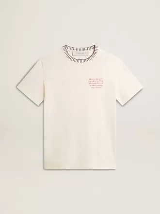 Tricou alb pentru femei din bumbac îmbătrânit, cu broderie manuală