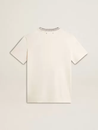 Tricou alb pentru femei din bumbac îmbătrânit, cu broderie manuală