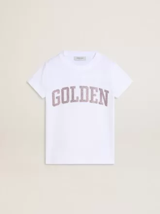 Tricou alb pentru fete cu litere aurii și sclipici roz