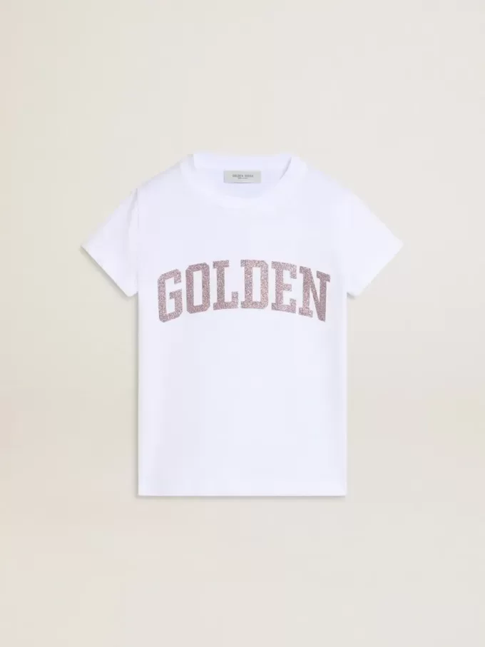 Tricou alb pentru fete cu litere aurii și sclipici roz Tricou alb pentru fete cu litere aurii și sclipici roz