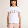 Tricou alb pentru fete cu litere aurii și sclipici roz Tricou alb pentru fete cu litere aurii și sclipici roz