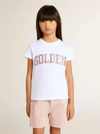 Tricou alb pentru fete cu litere aurii și sclipici roz