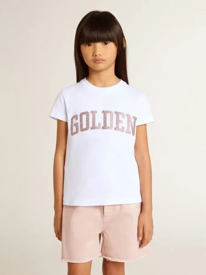 Tricou alb pentru fete cu litere aurii și sclipici roz Tricou alb pentru fete cu litere aurii și sclipici roz