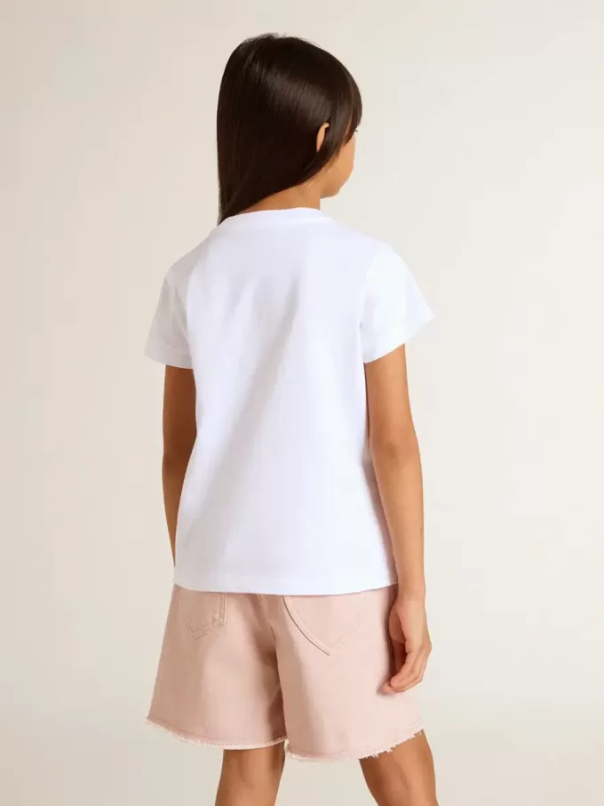 Tricou alb pentru fete cu litere aurii și sclipici roz Tricou alb pentru fete cu litere aurii și sclipici roz