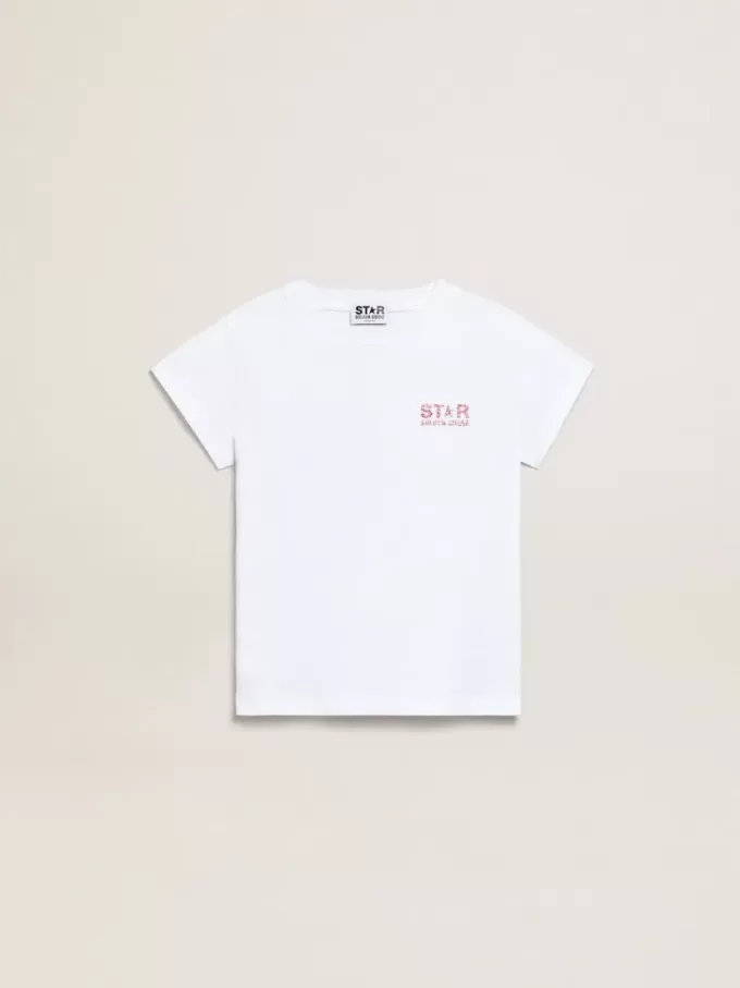 Tricou alb pentru fete, cu logo roz strălucitor și stea maxi Tricou alb pentru fete, cu logo roz strălucitor și stea maxi