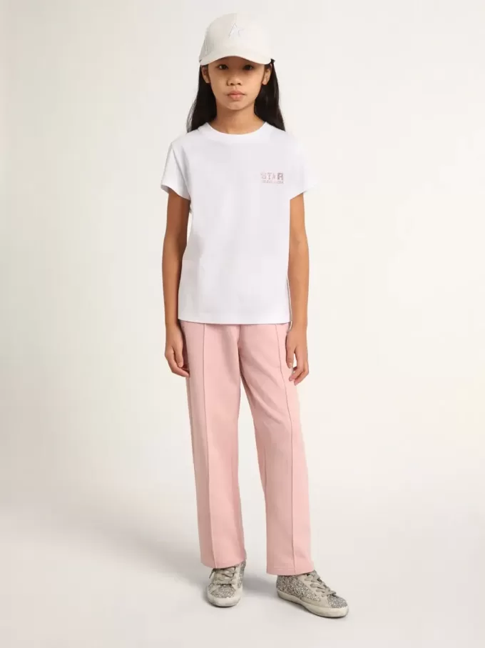 Tricou alb pentru fete, cu logo roz strălucitor și stea maxi Tricou alb pentru fete, cu logo roz strălucitor și stea maxi
