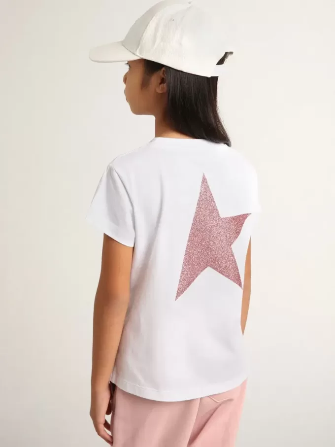 Tricou alb pentru fete, cu logo roz strălucitor și stea maxi Tricou alb pentru fete, cu logo roz strălucitor și stea maxi