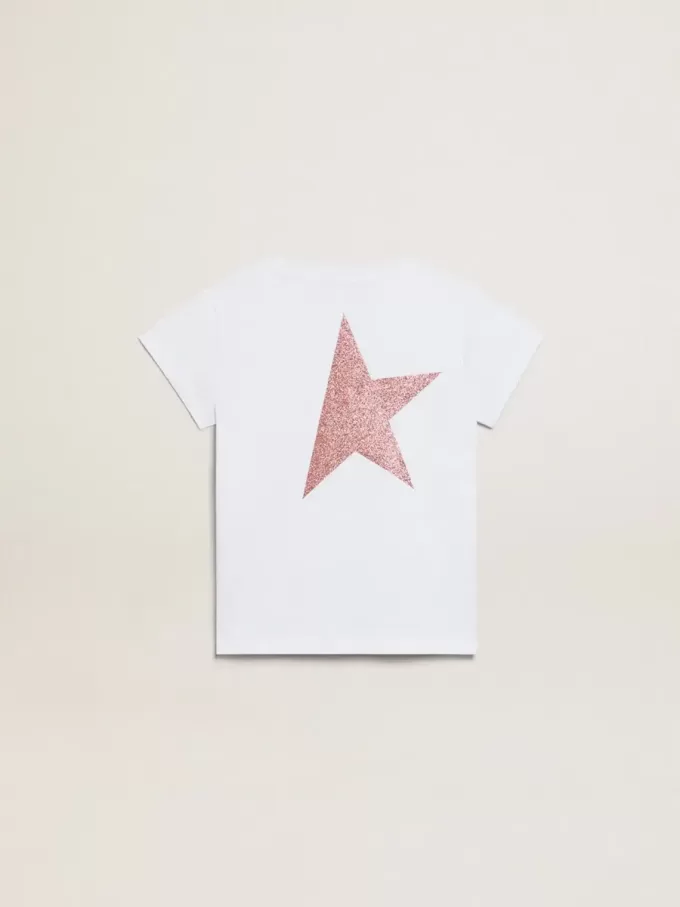Tricou alb pentru fete, cu logo roz strălucitor și stea maxi Tricou alb pentru fete, cu logo roz strălucitor și stea maxi