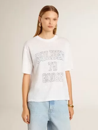 Tricou alb ușor din in pentru femei, cu imprimeu