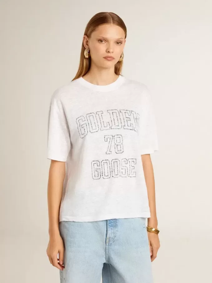 Tricou alb ușor din in pentru femei, cu imprimeu Tricou alb ușor din in pentru femei, cu imprimeu