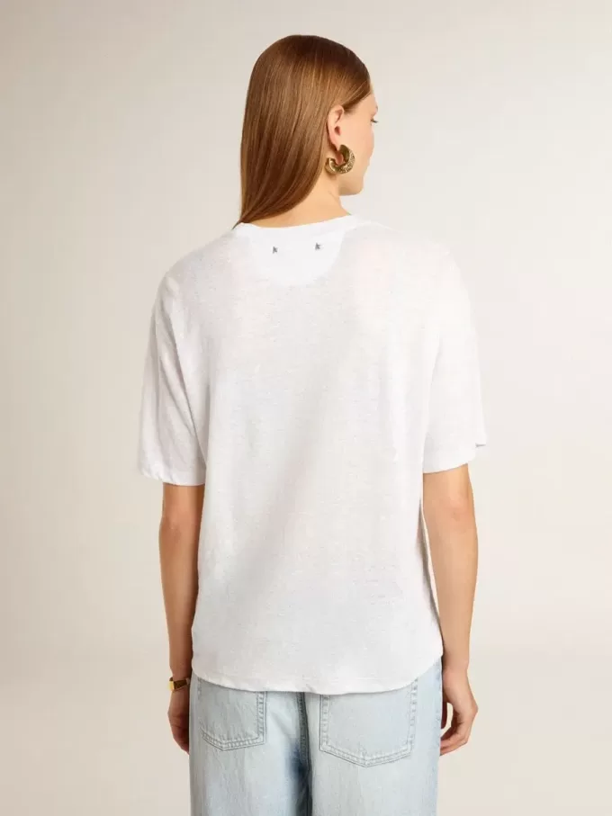 Tricou alb ușor din in pentru femei, cu imprimeu Tricou alb ușor din in pentru femei, cu imprimeu