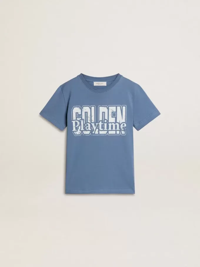 Tricou albastru pentru băieți cu imprimeu alb Tricou albastru pentru băieți cu imprimeu alb