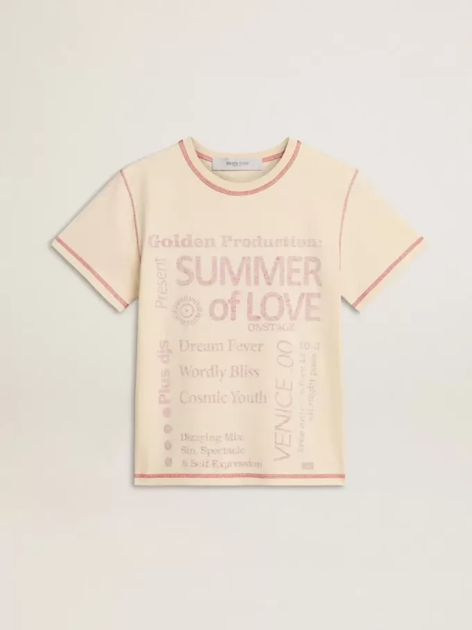 Tricou crem pentru femei cu accente roșii estompate Tricou crem pentru femei cu accente roșii estompate