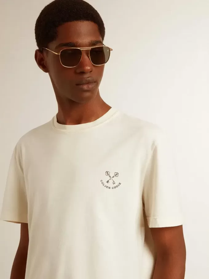 Tricou din bumbac pentru bărbați, de culoare alb învechit, cu imprimeu pe piept