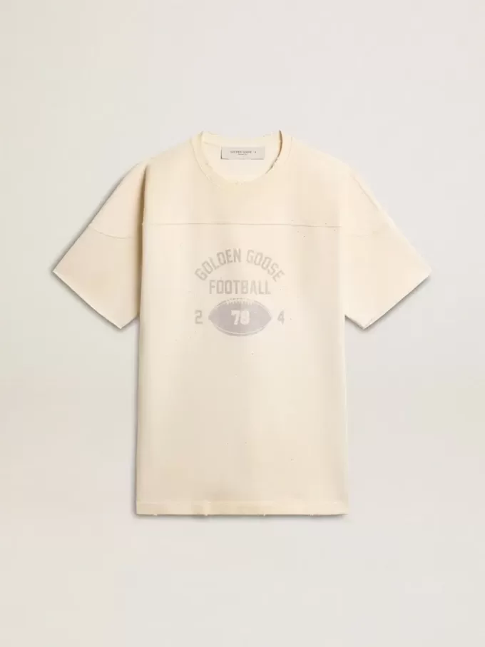 Tricou din bumbac pentru bărbați, de culoare alb vintage, cu margine nefinisată în față Tricou din bumbac pentru bărbați, de culoare alb vintage, cu margine nefinisată în față