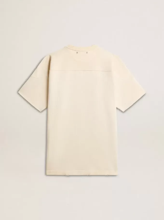 Tricou din bumbac pentru bărbați, de culoare alb vintage, cu margine nefinisată în față Tricou din bumbac pentru bărbați, de culoare alb vintage, cu margine nefinisată în față