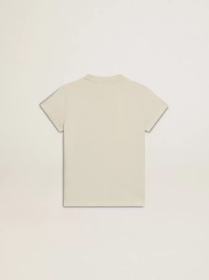 Tricou din bumbac pentru fete, de culoare albă uzată, cu broderie roșie pe piept Tricou din bumbac pentru fete, de culoare albă uzată, cu broderie roșie pe piept