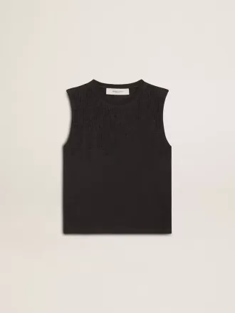 Tricou fără mâneci, negru uzat, cu broderie ton pe ton în degrade Tricou fără mâneci, negru uzat, cu broderie ton pe ton în degrade