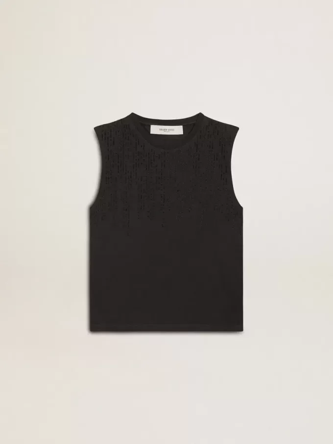 Tricou fără mâneci, negru uzat, cu broderie ton pe ton în degrade Tricou fără mâneci, negru uzat, cu broderie ton pe ton în degrade