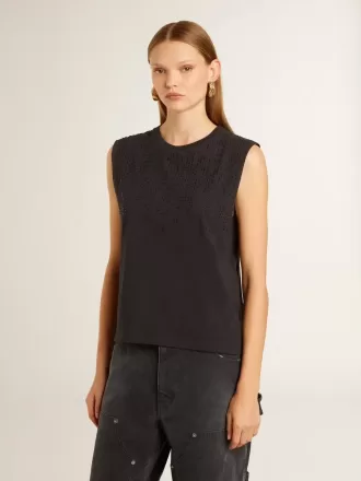 Tricou fără mâneci, negru uzat, cu broderie ton pe ton în degrade Tricou fără mâneci, negru uzat, cu broderie ton pe ton în degrade