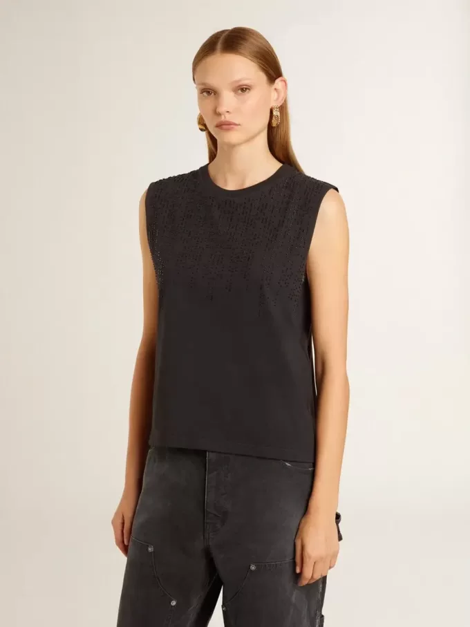 Tricou fără mâneci, negru uzat, cu broderie ton pe ton în degrade Tricou fără mâneci, negru uzat, cu broderie ton pe ton în degrade