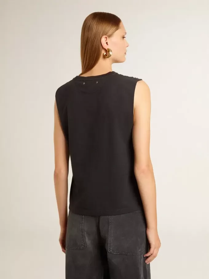 Tricou fără mâneci, negru uzat, cu broderie ton pe ton în degrade Tricou fără mâneci, negru uzat, cu broderie ton pe ton în degrade