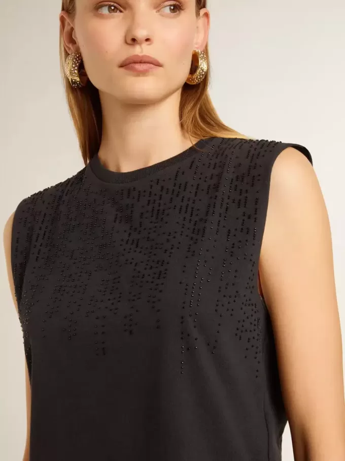 Tricou fără mâneci, negru uzat, cu broderie ton pe ton în degrade Tricou fără mâneci, negru uzat, cu broderie ton pe ton în degrade