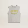 Tricou fără mâneci pentru femei, de culoare gri, cu imprimeu galben Tricou fără mâneci pentru femei, de culoare gri, cu imprimeu galben