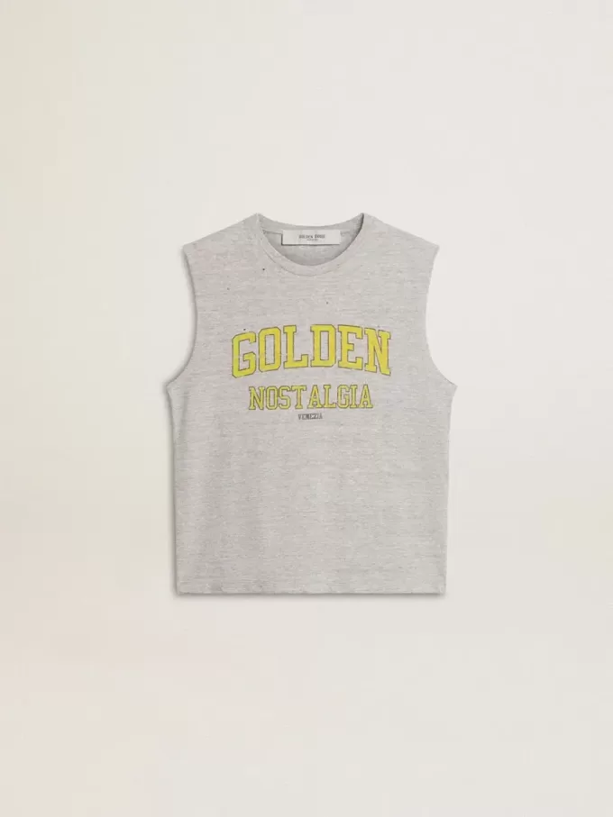 Tricou fără mâneci pentru femei, de culoare gri, cu imprimeu galben Tricou fără mâneci pentru femei, de culoare gri, cu imprimeu galben
