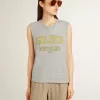 Tricou fără mâneci pentru femei, de culoare gri, cu imprimeu galben Tricou fără mâneci pentru femei, de culoare gri, cu imprimeu galben