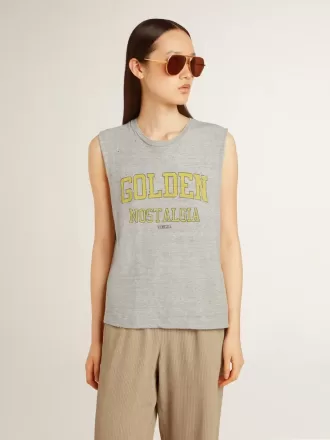 Tricou fără mâneci pentru femei, de culoare gri, cu imprimeu galben