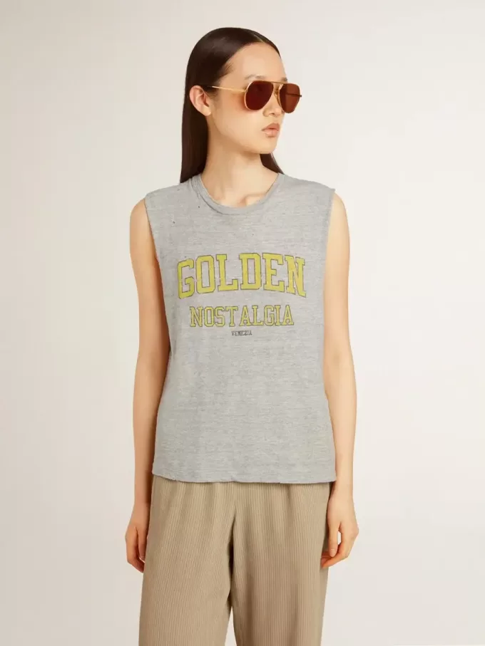 Tricou fără mâneci pentru femei, de culoare gri, cu imprimeu galben Tricou fără mâneci pentru femei, de culoare gri, cu imprimeu galben