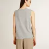 Tricou fără mâneci pentru femei, de culoare gri, cu imprimeu galben Tricou fără mâneci pentru femei, de culoare gri, cu imprimeu galben