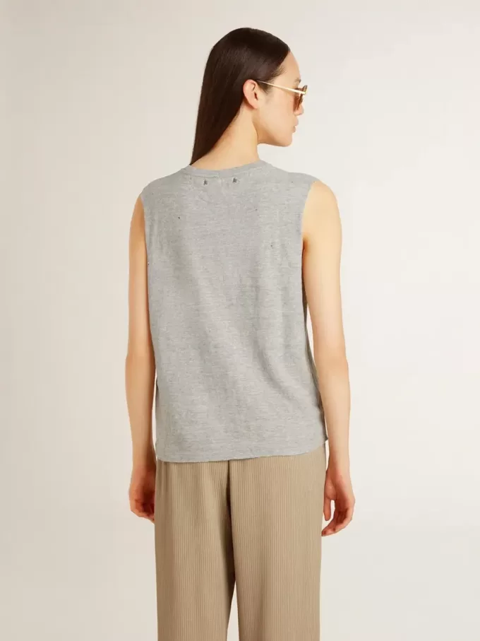 Tricou fără mâneci pentru femei, de culoare gri, cu imprimeu galben Tricou fără mâneci pentru femei, de culoare gri, cu imprimeu galben