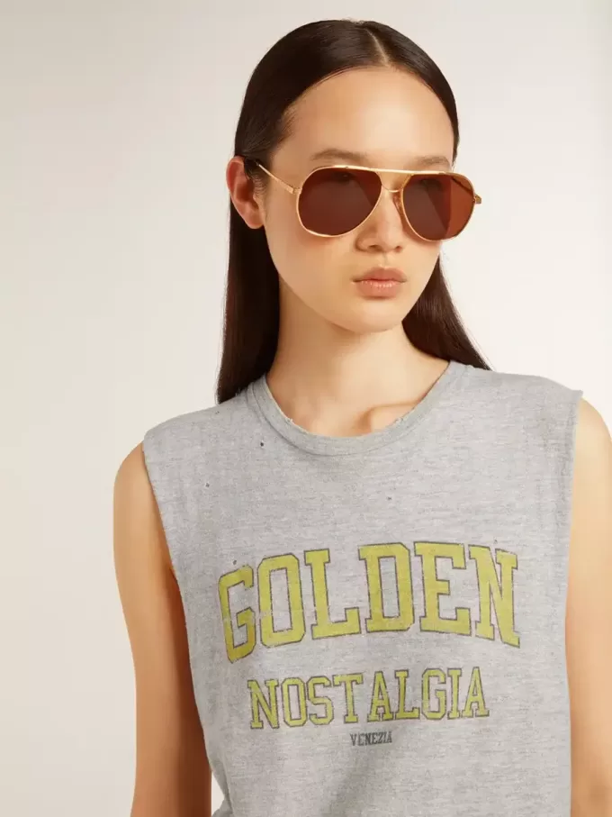 Tricou fără mâneci pentru femei, de culoare gri, cu imprimeu galben Tricou fără mâneci pentru femei, de culoare gri, cu imprimeu galben