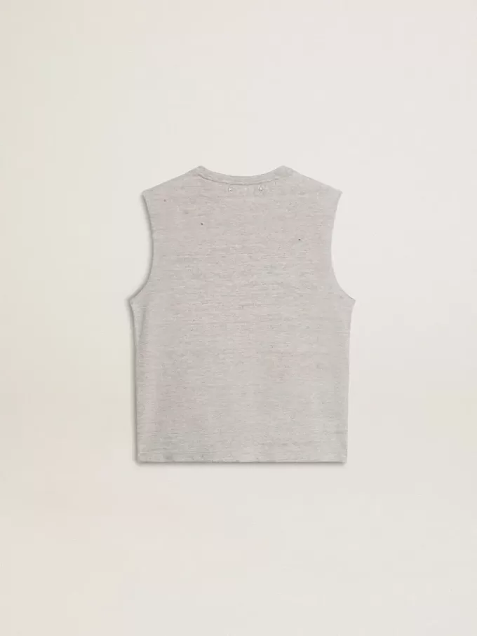 Tricou fără mâneci pentru femei, de culoare gri, cu imprimeu galben Tricou fără mâneci pentru femei, de culoare gri, cu imprimeu galben