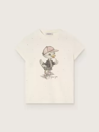Tricou Journey pentru fete din bumbac alb cu imprimeu digital cu mascota și aplicații din cristal