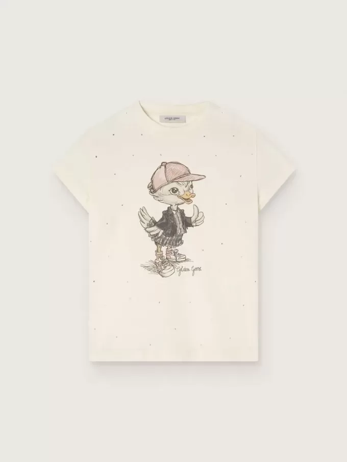 Tricou Journey pentru fete din bumbac alb cu imprimeu digital cu mascota și aplicații din cristal Tricou Journey pentru fete din bumbac alb cu imprimeu digital cu mascota și aplicații din cristal