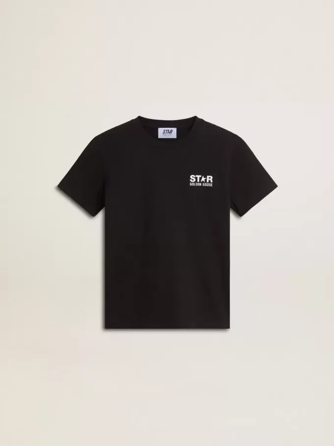 Tricou negru cu logo alb contrastant pe față și stea maxi pe spate Tricou negru cu logo alb contrastant pe față și stea maxi pe spate