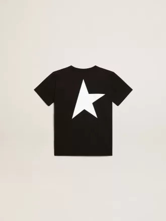 Tricou negru cu logo alb contrastant pe față și stea maxi pe spate