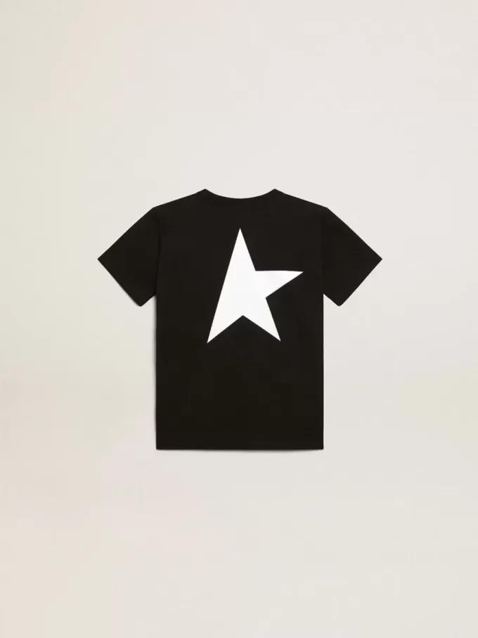 Tricou negru cu logo alb contrastant pe față și stea maxi pe spate Tricou negru cu logo alb contrastant pe față și stea maxi pe spate
