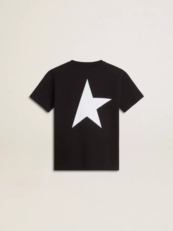 Tricou negru cu logo alb contrastant pe față și stea maxi pe spate Tricou negru cu logo alb contrastant pe față și stea maxi pe spate