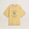 Tricou oversized din bumbac galben pentru bărbați, cu imprimeu albastru Tricou oversized din bumbac galben pentru bărbați, cu imprimeu albastru