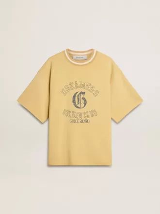Tricou oversized din bumbac galben pentru bărbați, cu imprimeu albastru
