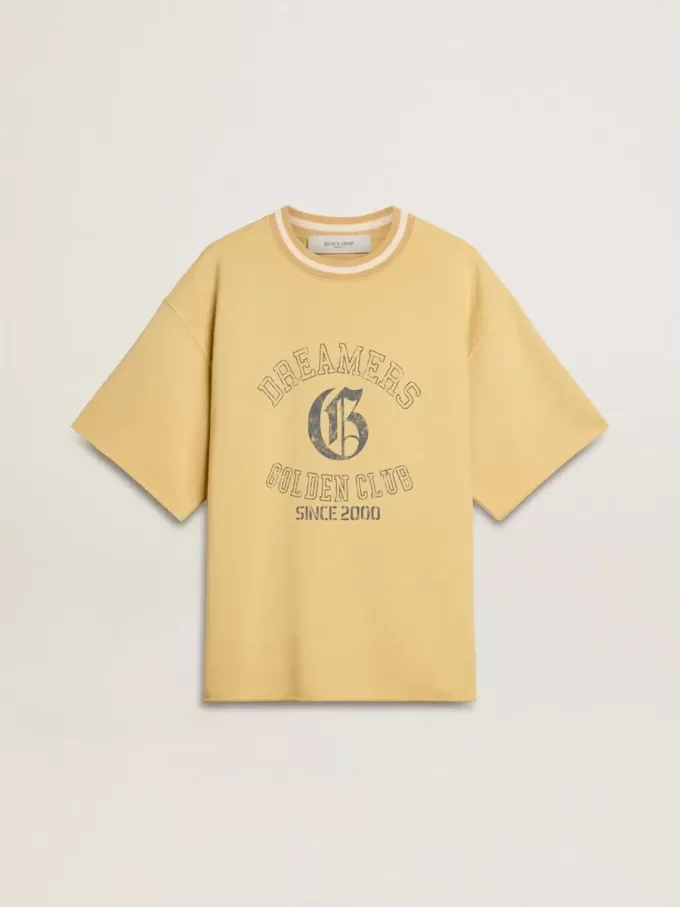 Tricou oversized din bumbac galben pentru bărbați, cu imprimeu albastru Tricou oversized din bumbac galben pentru bărbați, cu imprimeu albastru