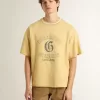 Tricou oversized din bumbac galben pentru bărbați, cu imprimeu albastru Tricou oversized din bumbac galben pentru bărbați, cu imprimeu albastru