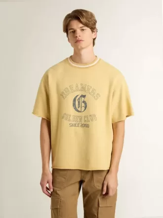 Tricou oversized din bumbac galben pentru bărbați, cu imprimeu albastru