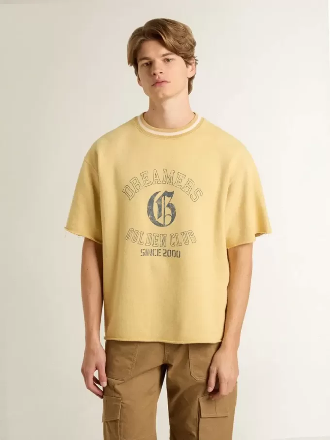 Tricou oversized din bumbac galben pentru bărbați, cu imprimeu albastru Tricou oversized din bumbac galben pentru bărbați, cu imprimeu albastru